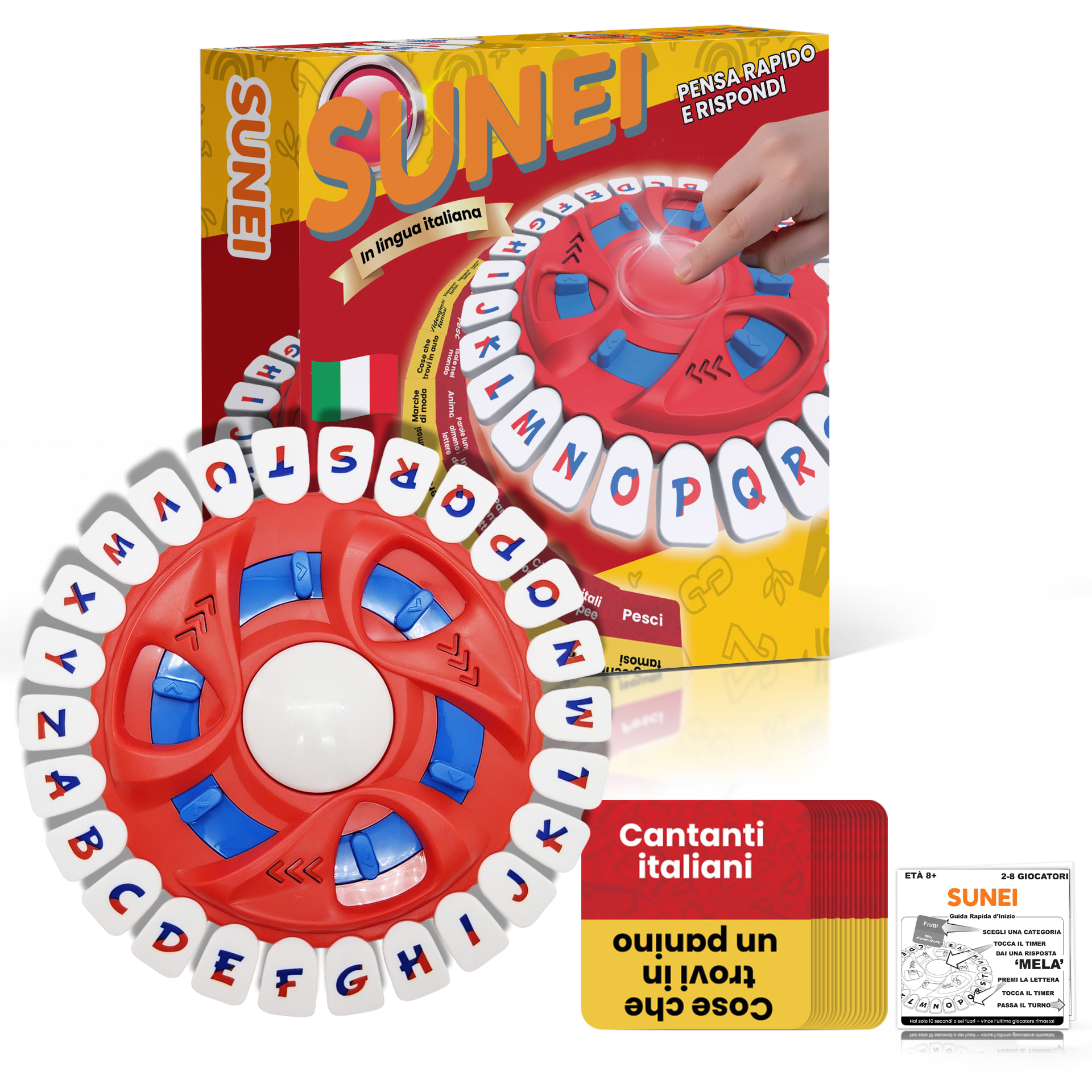 Confezione e componenti del gioco da tavolo SUNEI Ruota