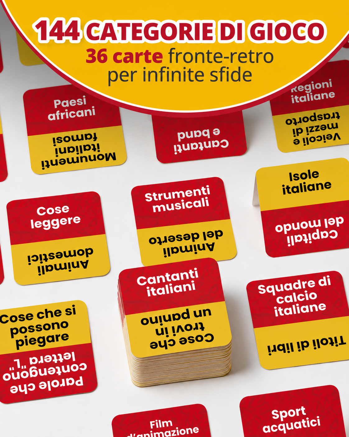 144 categorie di gioco: 36 carte fronte-retro con esempi come Paesi africani, Cantanti italiani, Isole italiane, Strumenti musicali