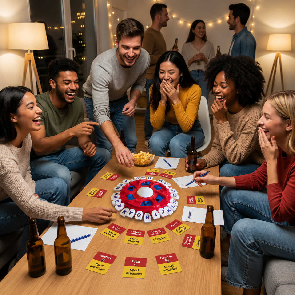 Amici che ridono giocando a SUNEI Ruota a una festa