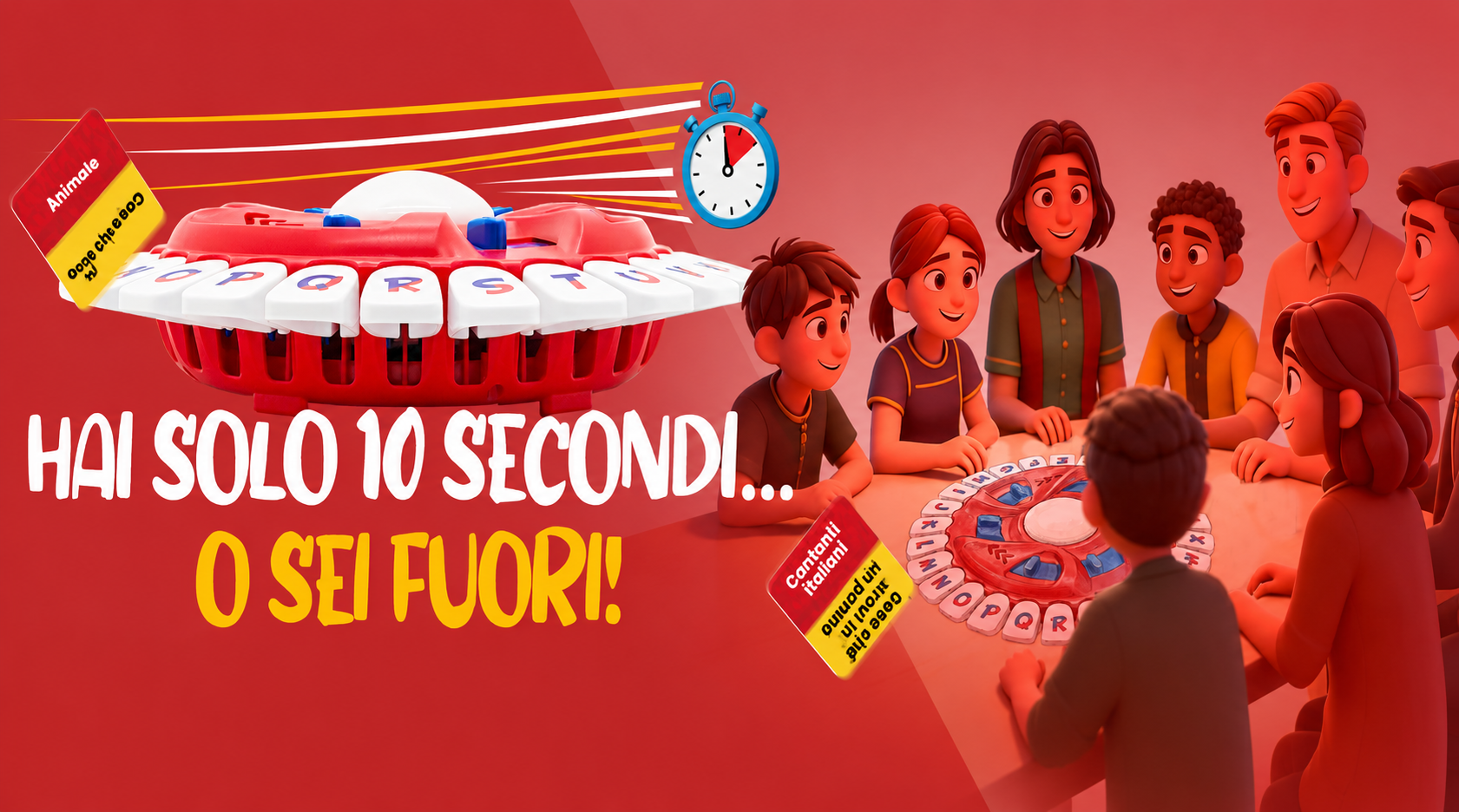 Illustrazione: gruppo di amici gioca a SUNEI Ruota, cronometro attivo e lettere sulla ruota che diminuiscono
