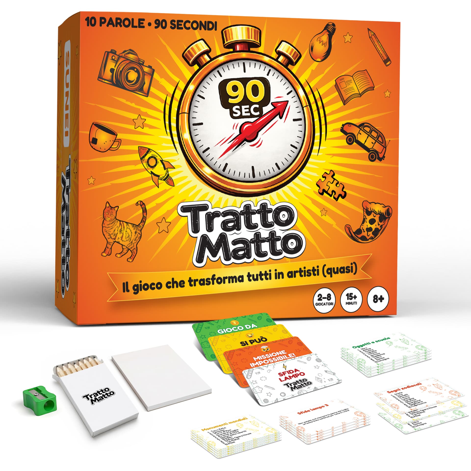 Confezione e componenti del gioco da tavolo Tratto Matto di SUNEI