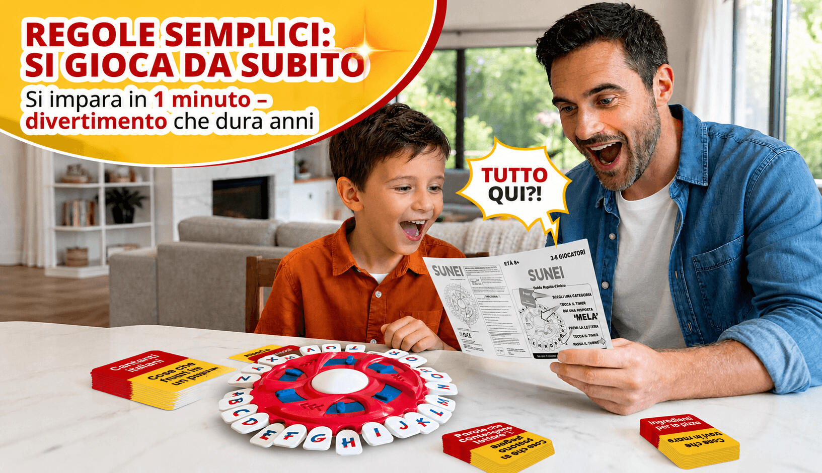 Famiglia che gioca a SUNEI, gioco da tavolo di parole veloce in italiano per bambini e adulti