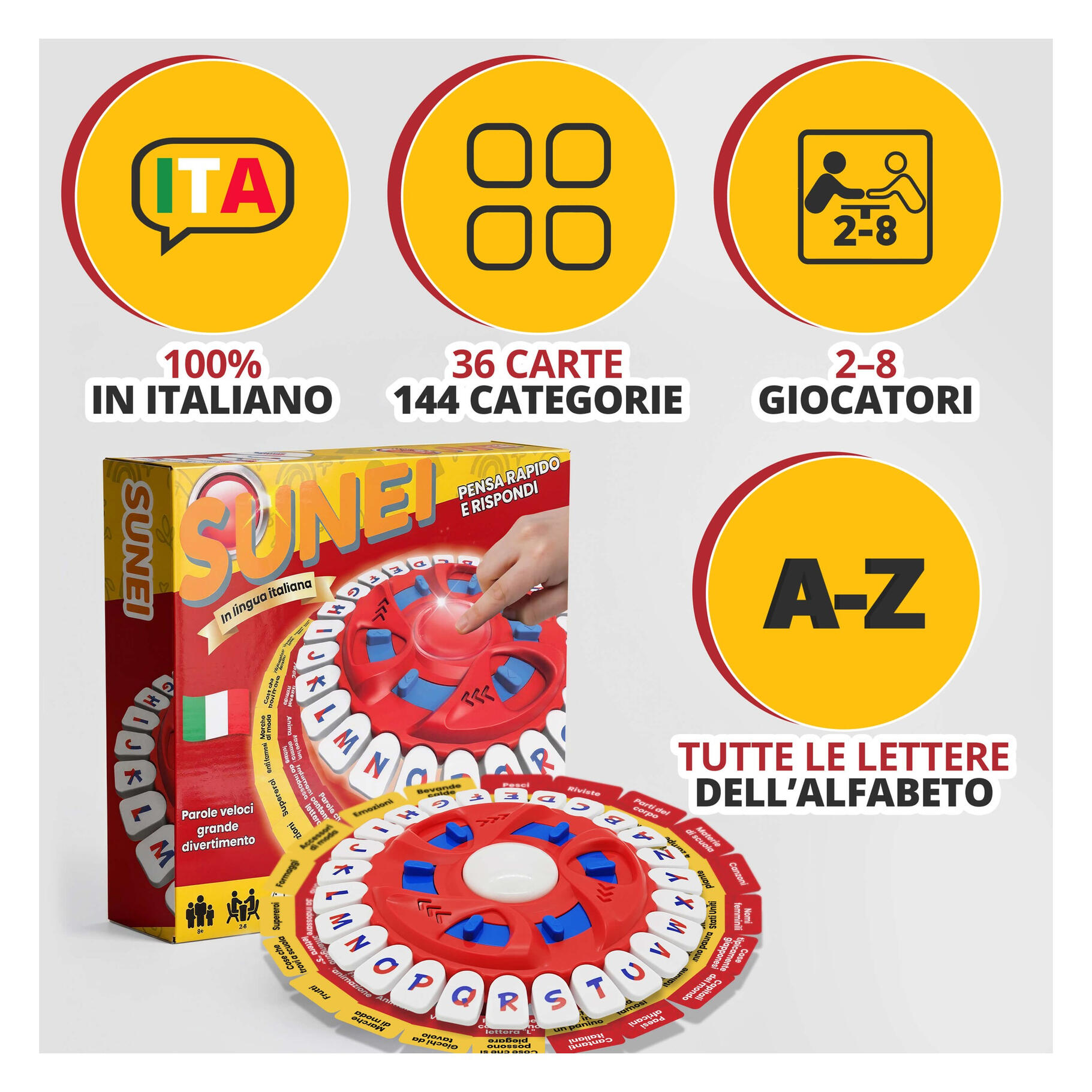 Gioco da tavolo SUNEI in italiano con 36 carte categoria e tutte le lettere dell’alfabeto