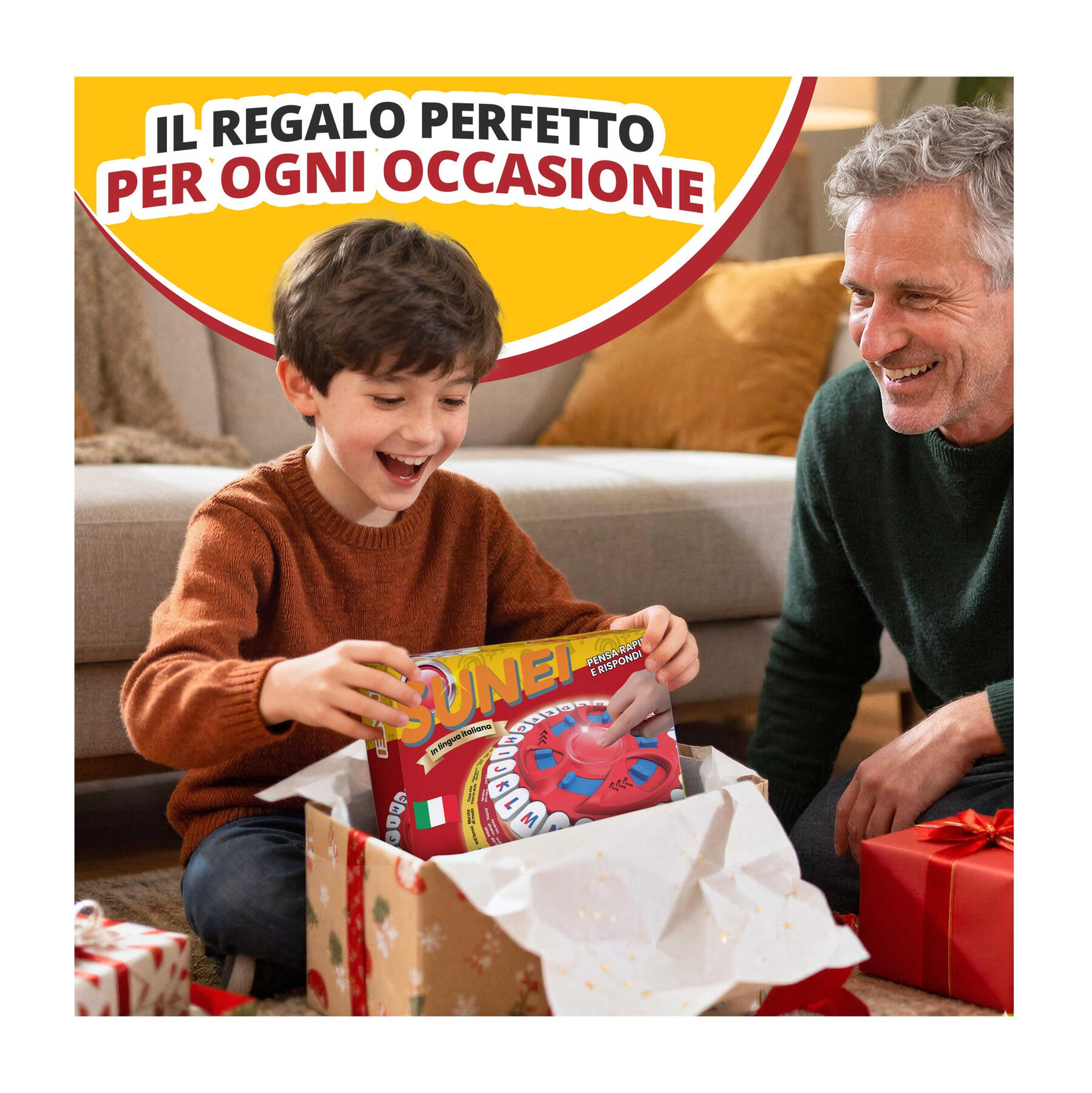 SUNEI regalo perfetto per bambini e famiglie Bambino felice che riceve SUNEI come regalo insieme alla famiglia