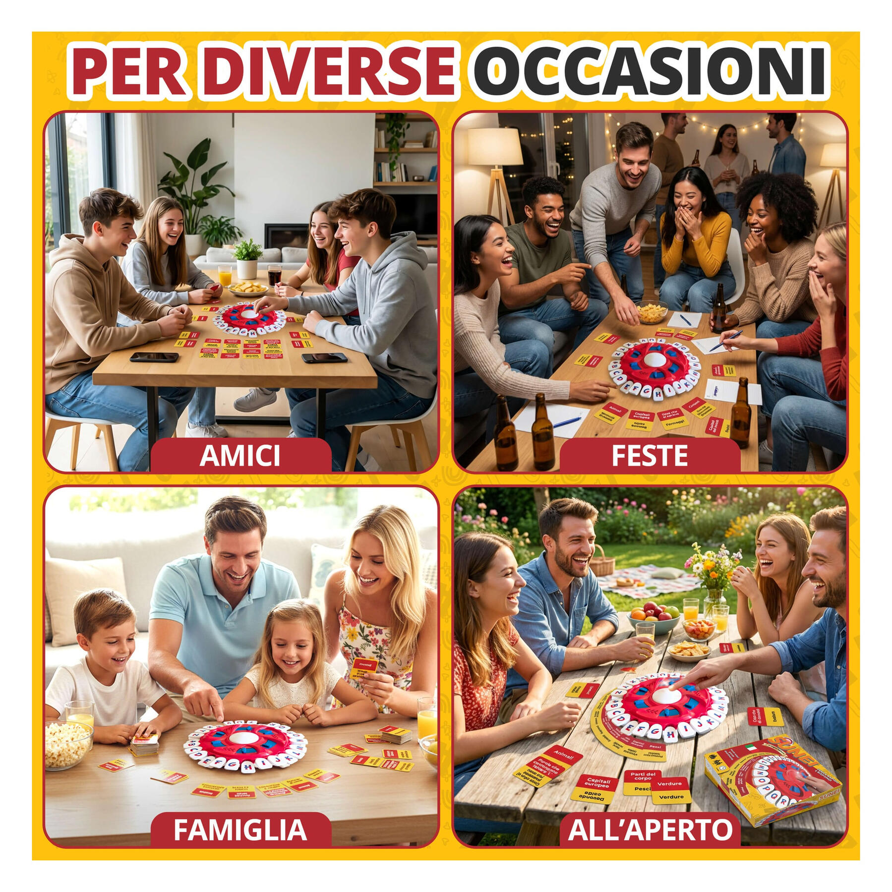 Famiglie, amici e bambini giocano a SUNEI insieme senza usare il cellulare