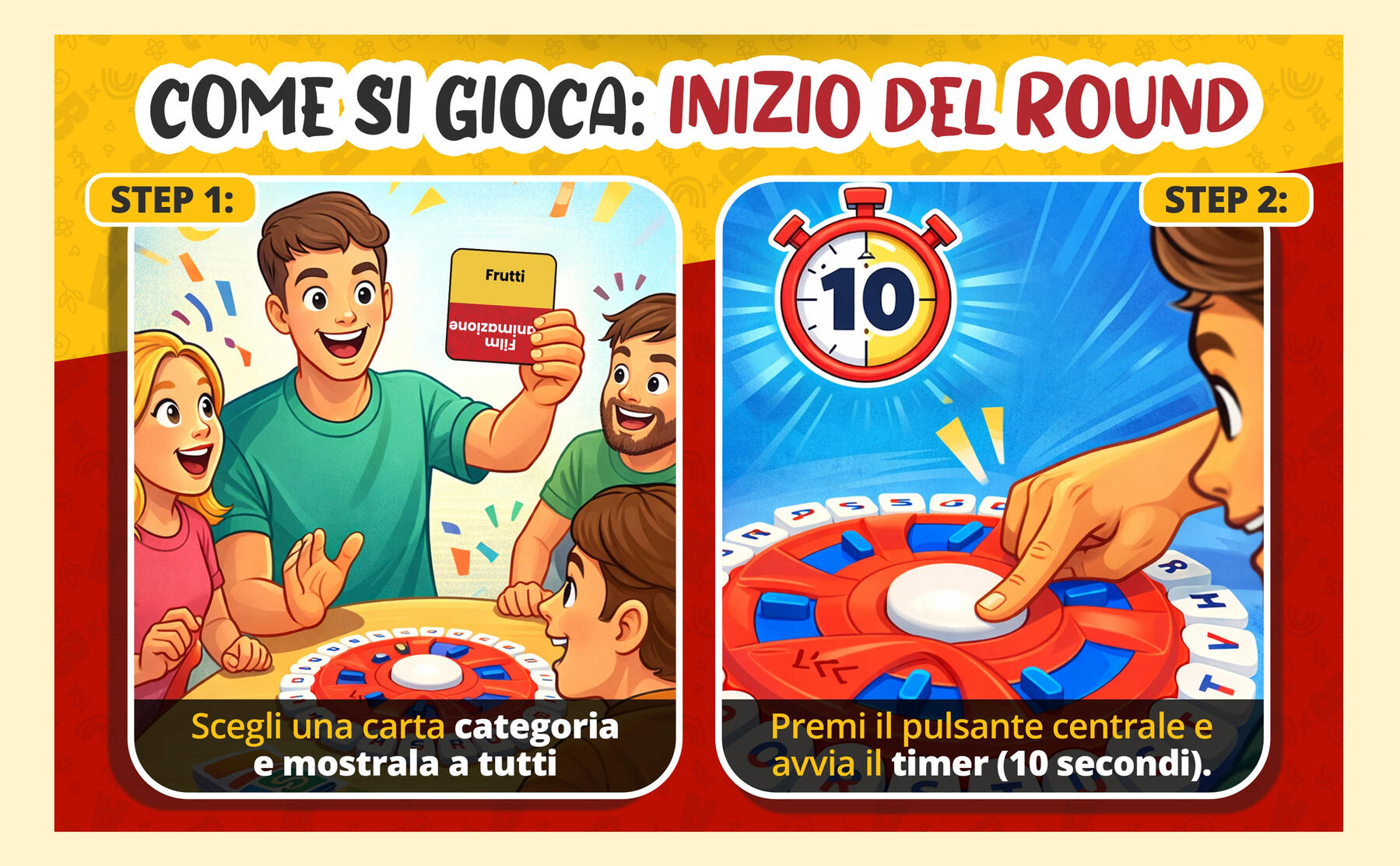 Come si gioca a SUNEI Istruzioni del gioco SUNEI con carte categoria e timer da 10 secondi